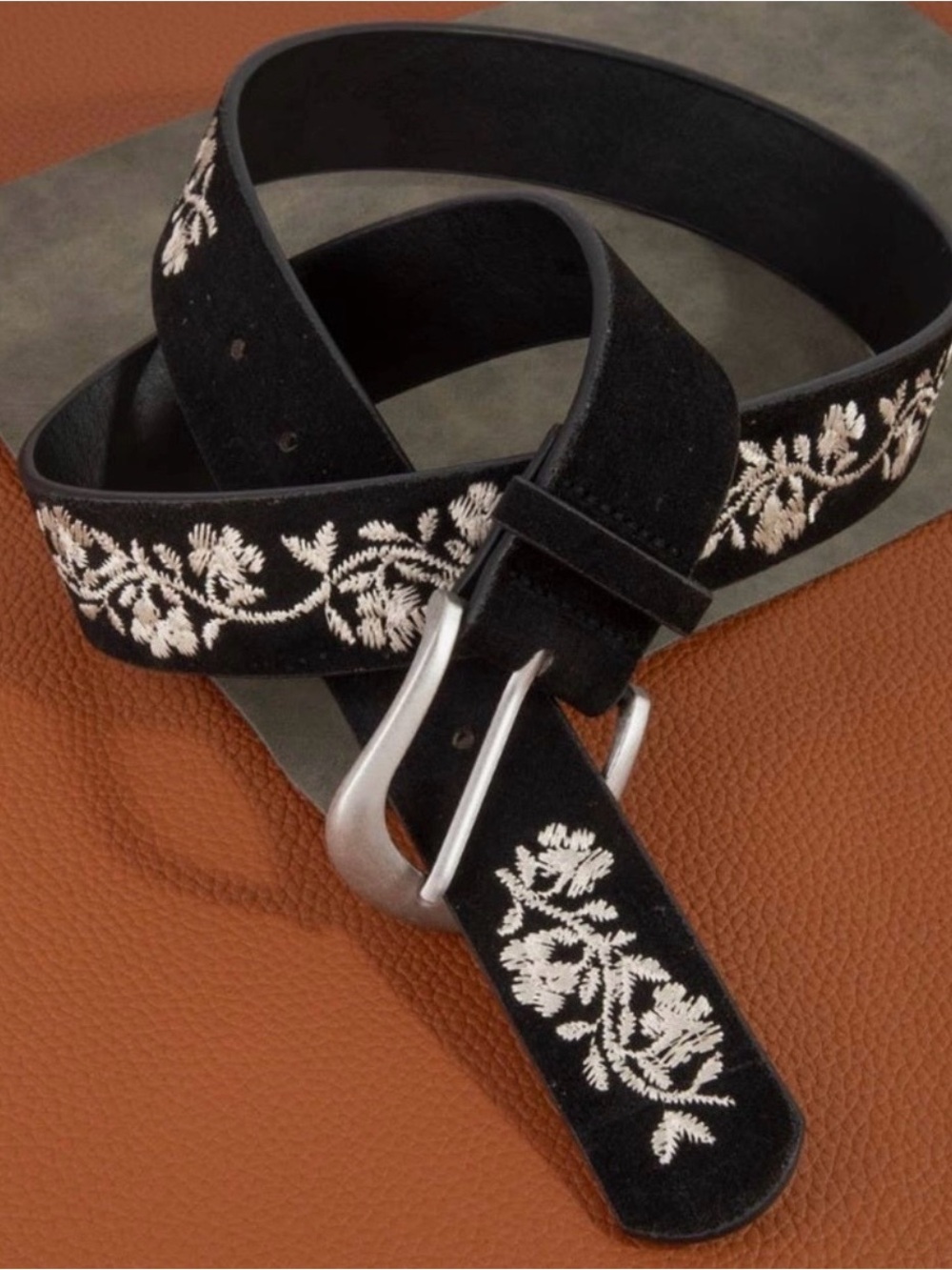 Black Embroidered Sueded Vegan Leather Belt with Silver Buckle